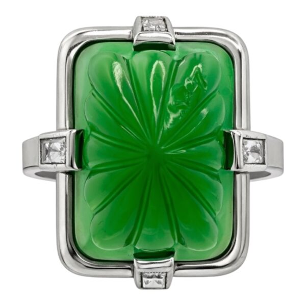 Art Deco Green Chalcedony and Diamond Ring