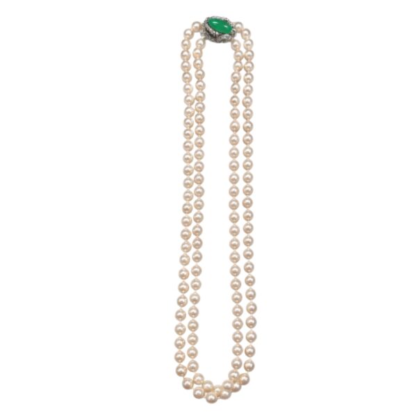 1950's Double Strand Pearl Necklace with Jade and Clasp