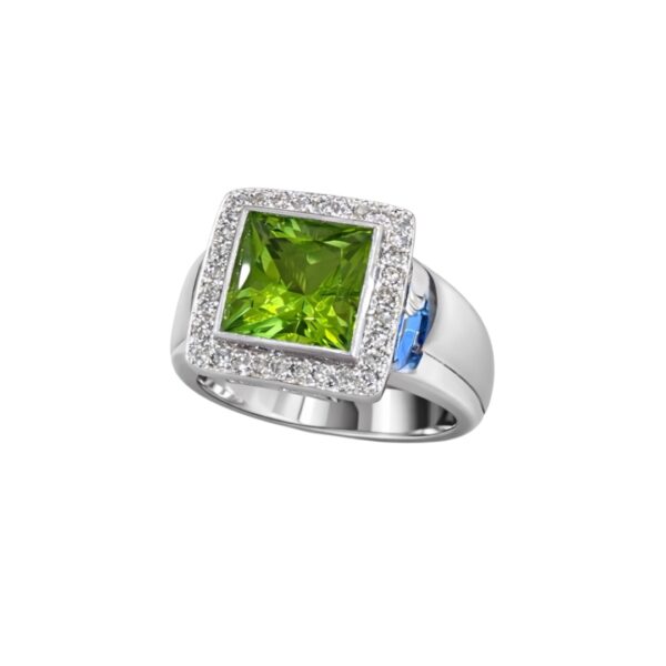 1990's Princess Cut Peridot and Diamond Ring