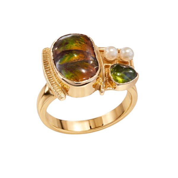 Ammolite Peridot and Pearl Ring
