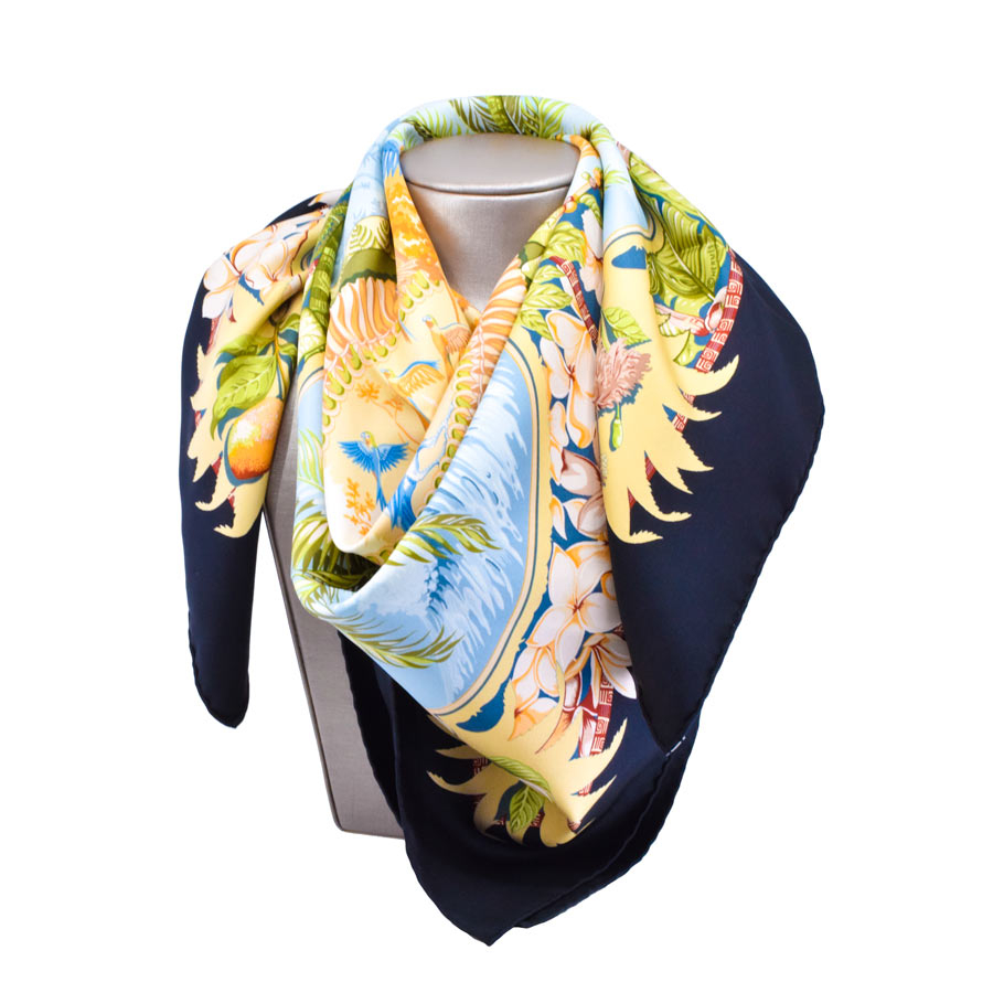 hermes-black-yellow-blue-bird-leaf-silk-scarf