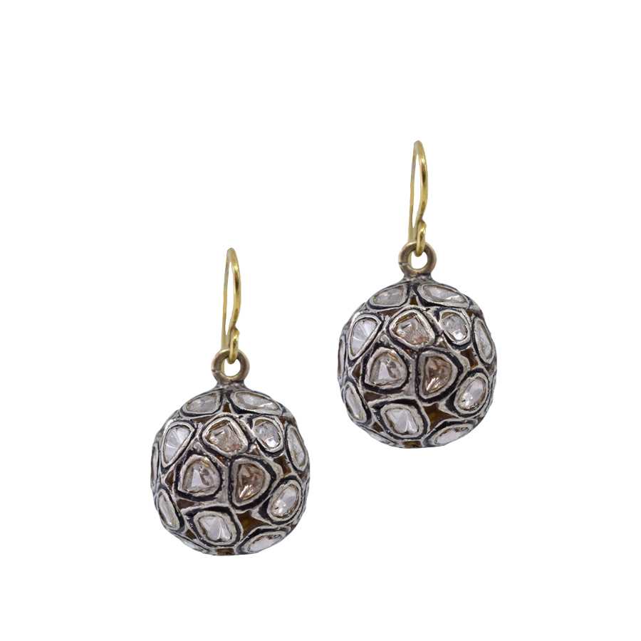unsigned-sterling-silver-14k-yellow-gold-rose-cut-diamond-ball-earrings-1
