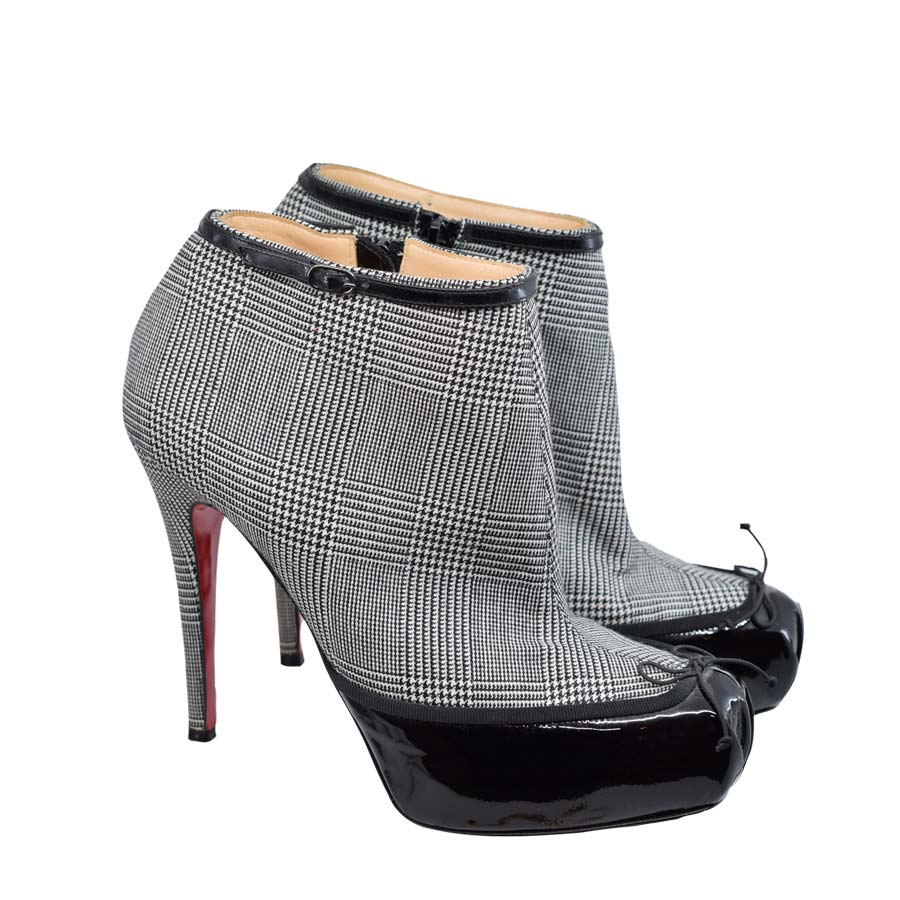 christianlouboutin-plaid-black-white-patent-leather-toe-bootie-heels
