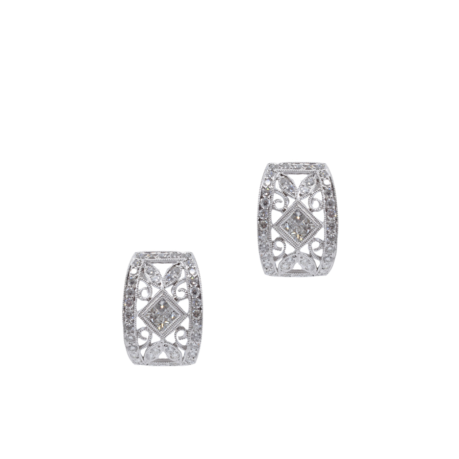unsigned-14k-white-gold-pattern-diamond-huggie-stud-earrings-1