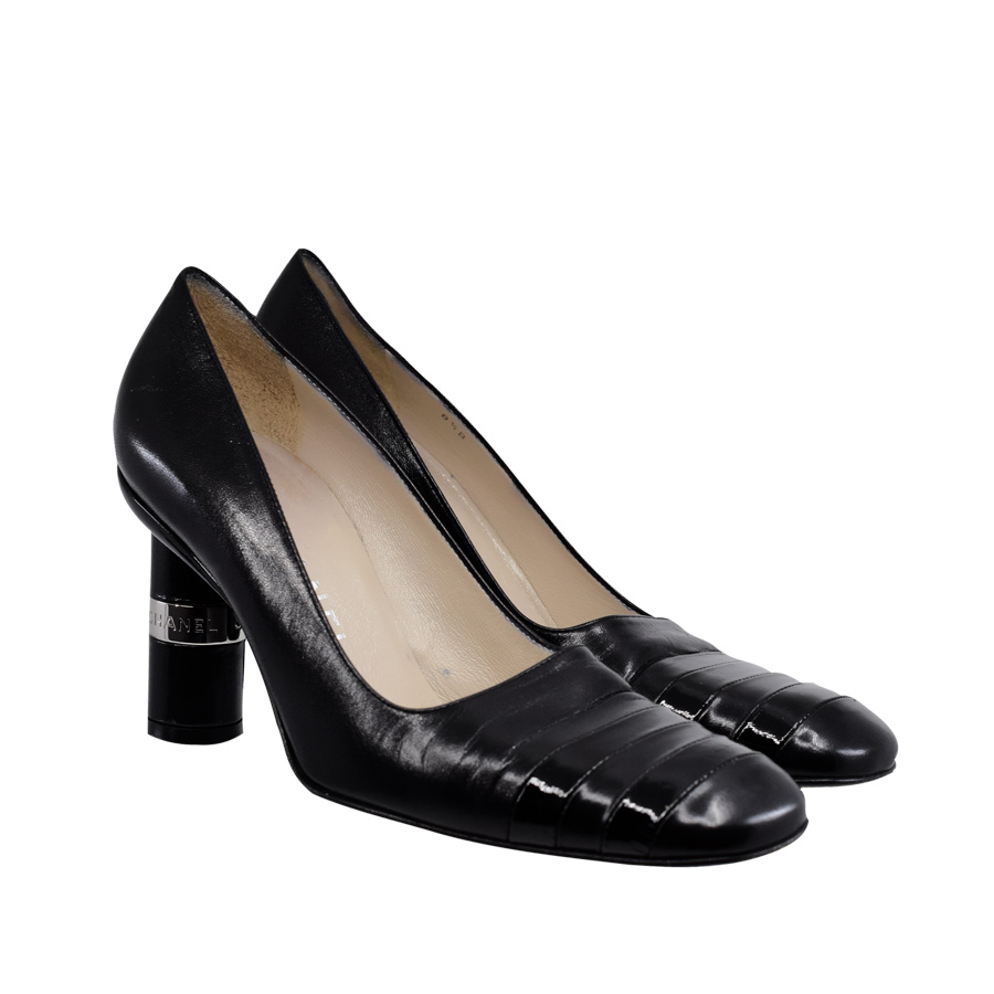 chanel-black-leather-patent-stripe-round-heel