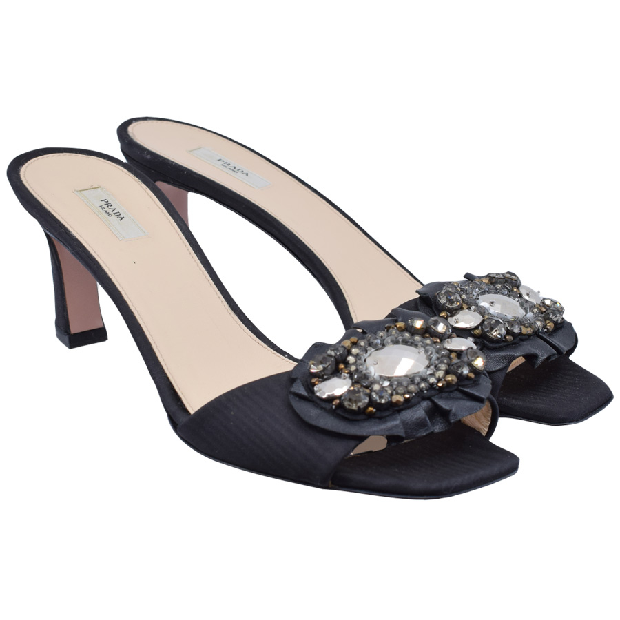 prada-black-silk-jeweled-slide-heels
