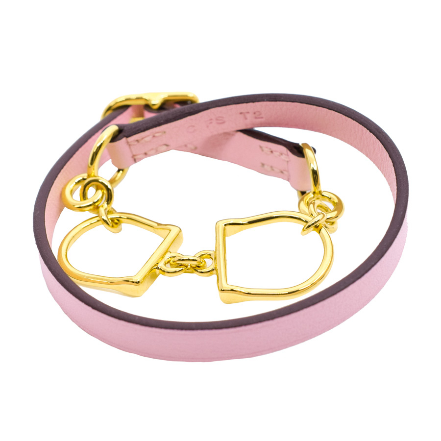 hermes-pink-leather-gold-stirrup-wrap-bracelet-1