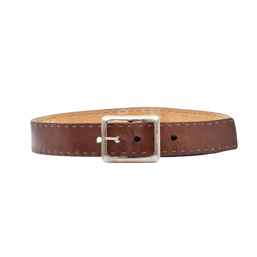 prada-brown-leather-silver-brushed-hardware-belt