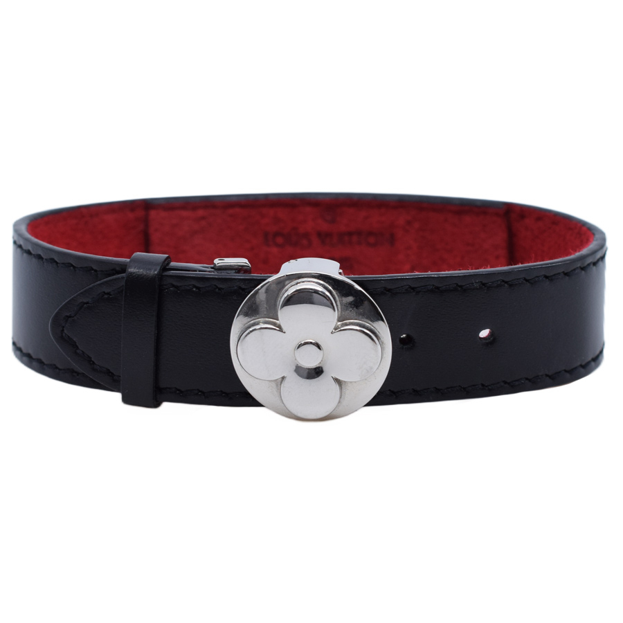 louisvuitton-black-silver-flower-leather-bracelet