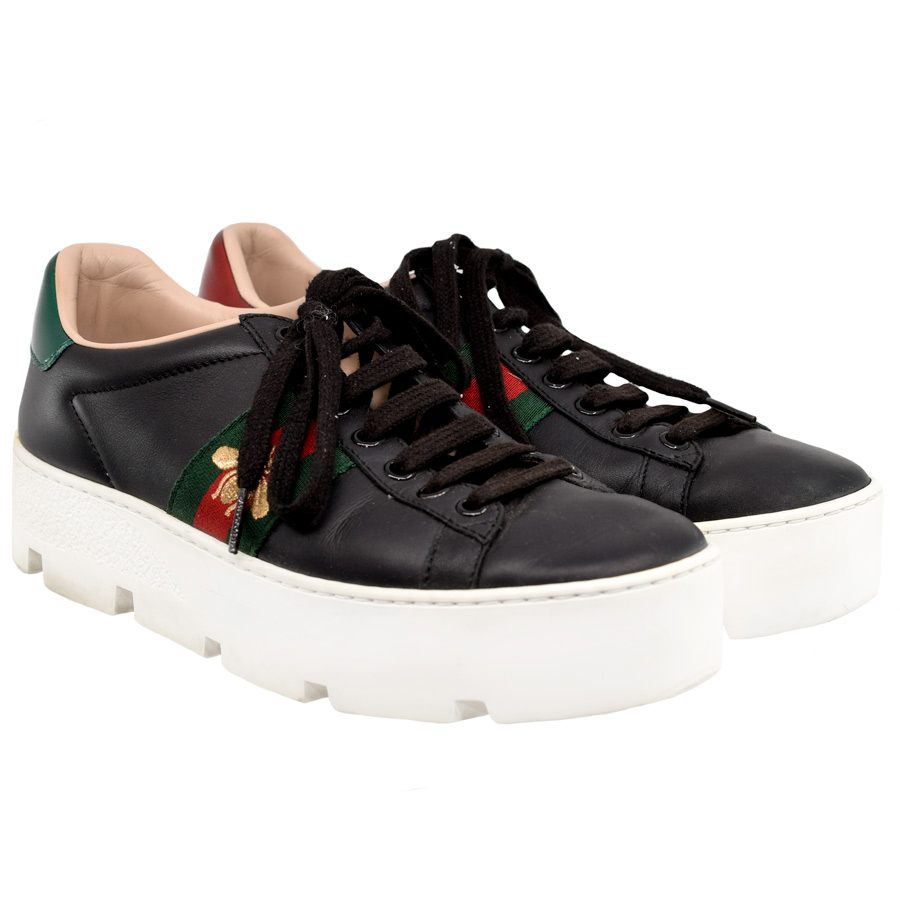 gucci-black-leather-bee-platform-sneakers