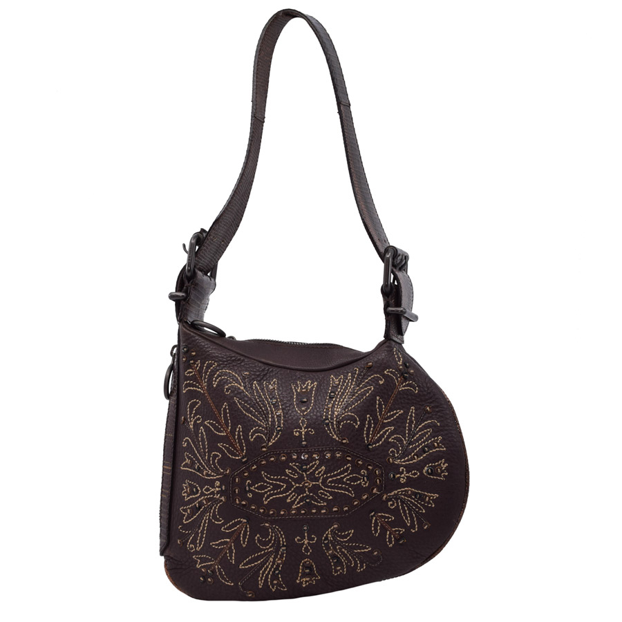 fendi-brown-leather-lizard-strap-embroidered-shoulder-bag-1