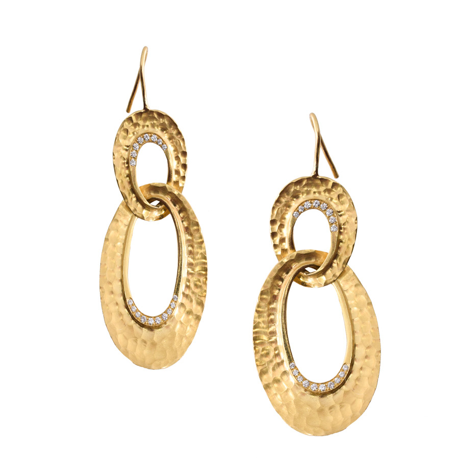 unsigned-18k-yellow-gold-hammered-double-oval-diamond-drop-earrings-1