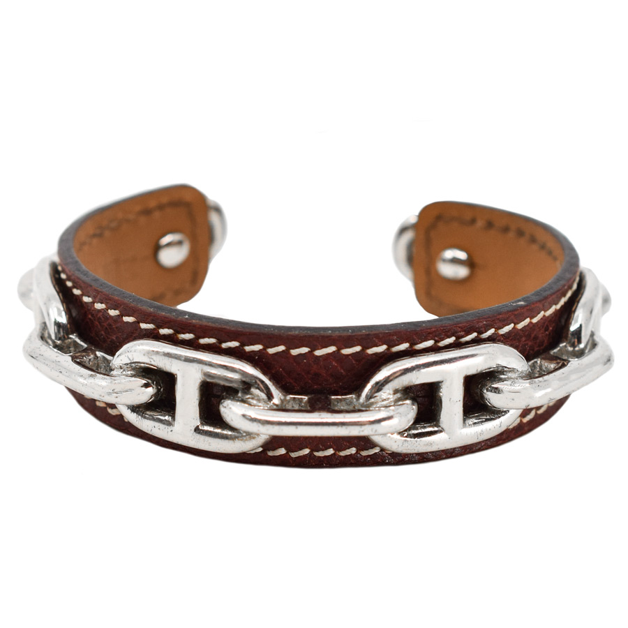 hermes-silver-brown-leather-link-cuff-1