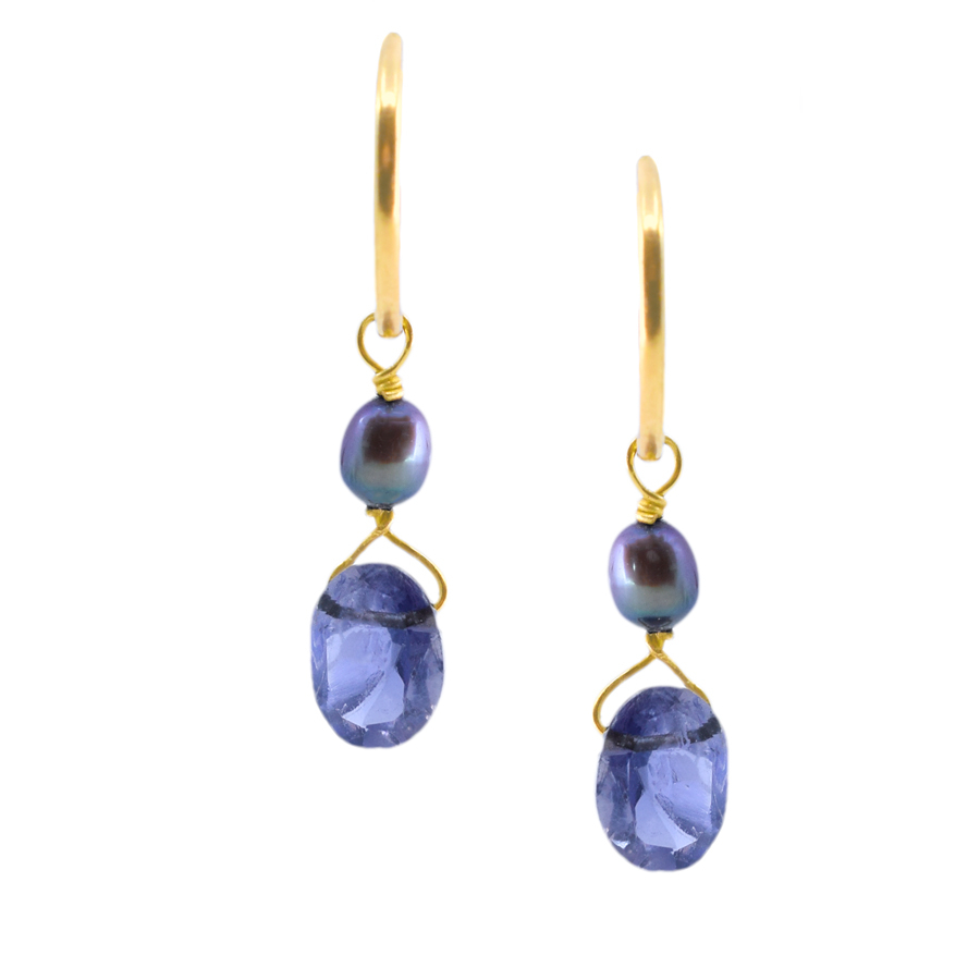 unsigned-yellow-gold-black-pearl-purple-stone-mini-hoop-earrings-1