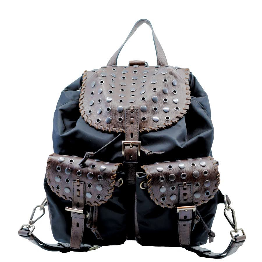 prada-black-nylon-brown-rivet-flap-backpack