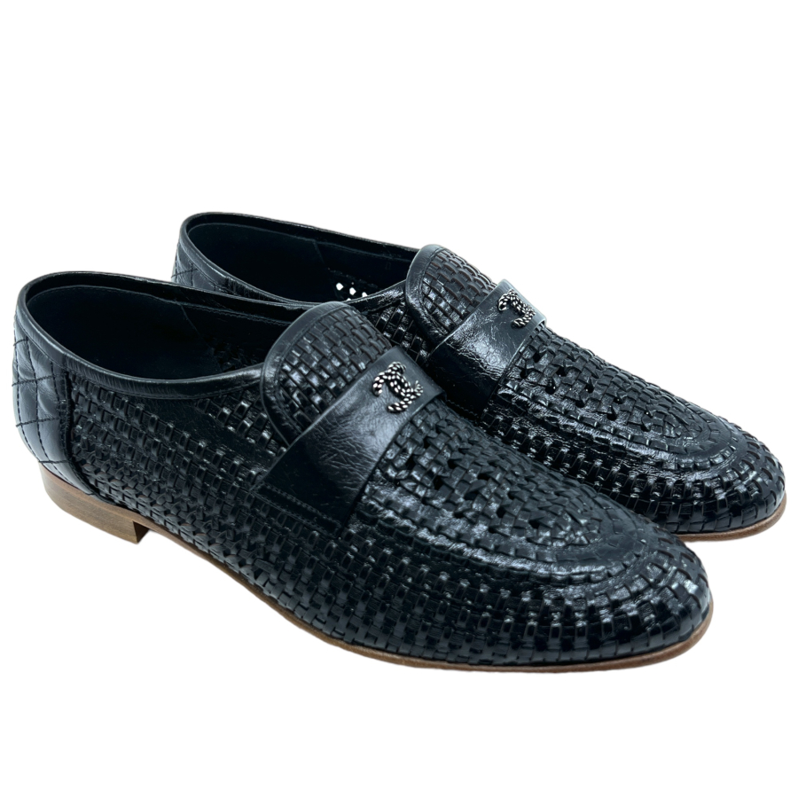 chanel-black-leather-woven-loafers