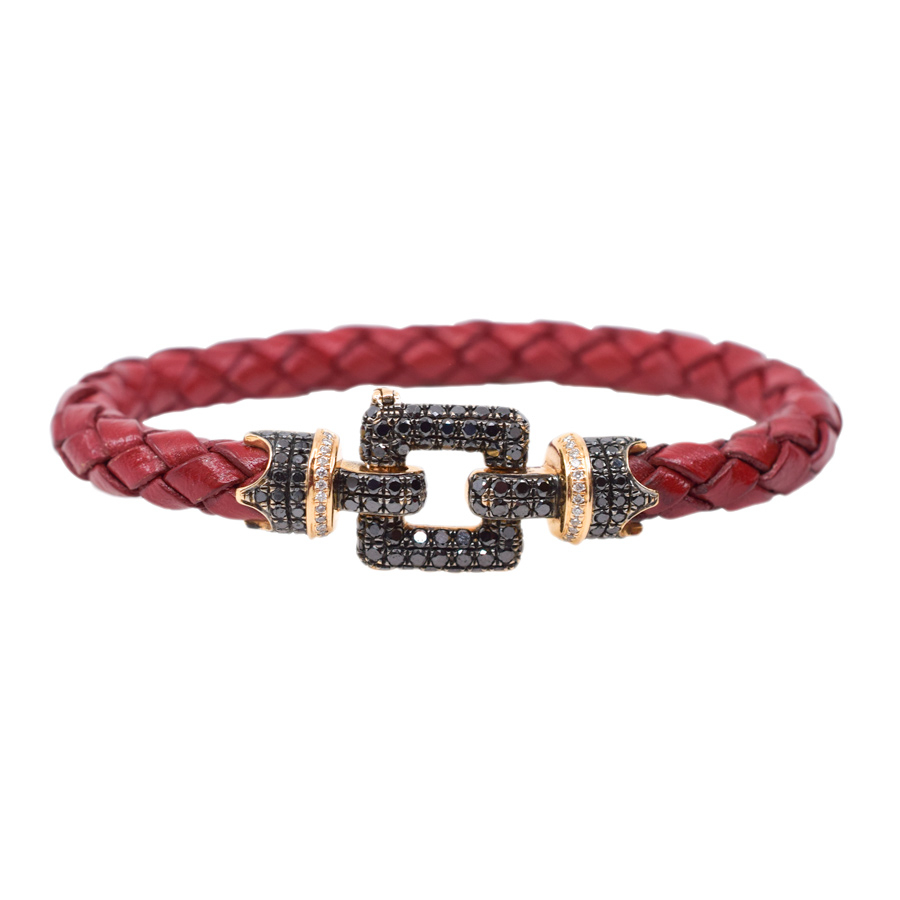 unsigned-18k-pink-gold-black-diamond-red-leather-woven-bracelet-1