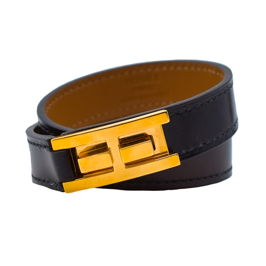 hermes-black-leather-wrap-h-gold-bracelet-1