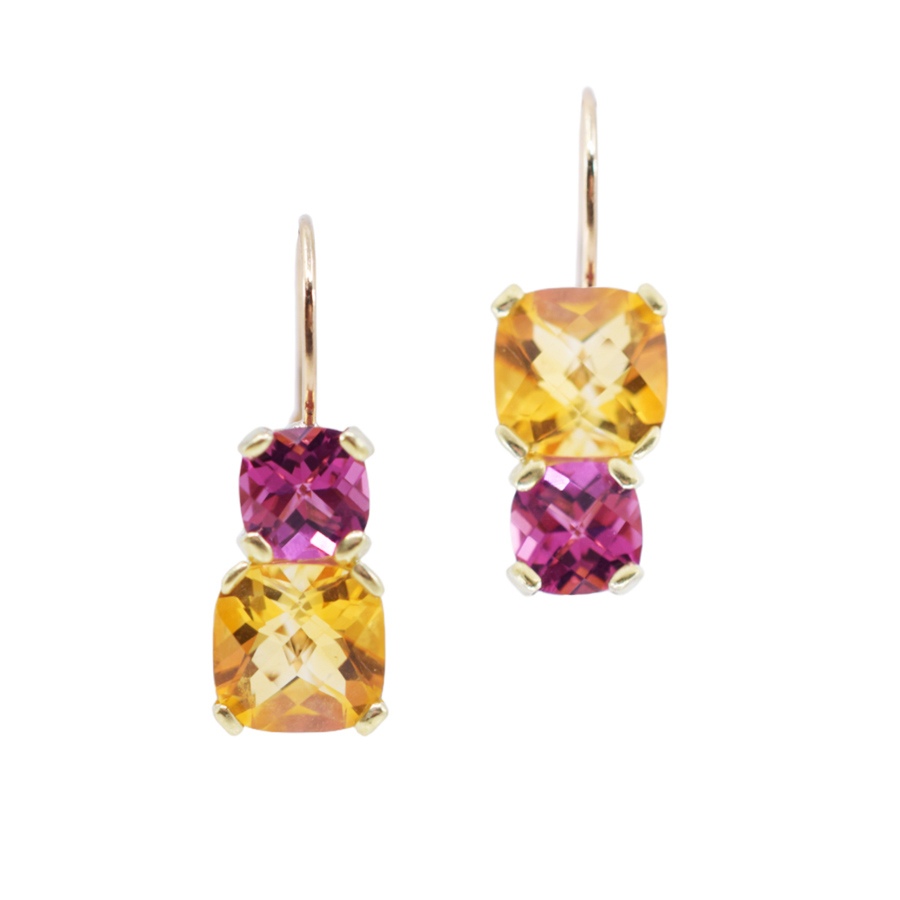 unsigned-yellow-gold-pink-tourmaline-citrine-huggie-earrings-1