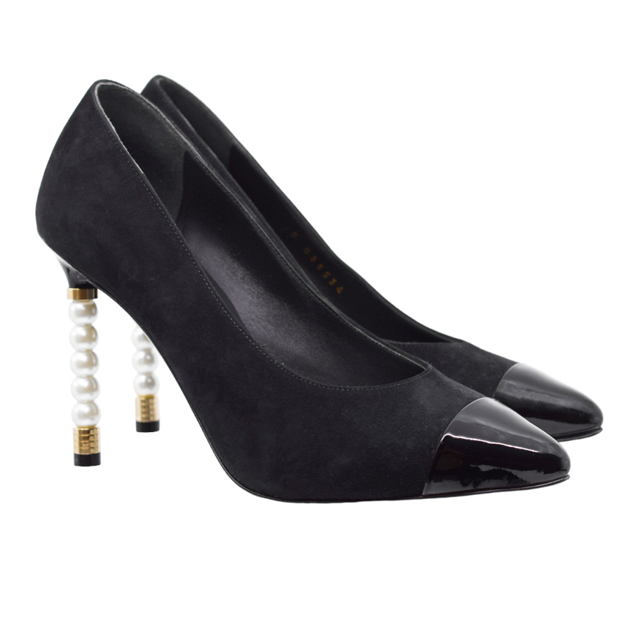 chanel-suede-pearl-heel-patent-toe-black-heels